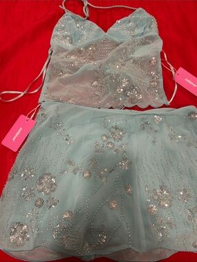 Edikted Seafoam Blue Beaded Two-Piece Formal Set